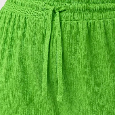 Kadın Battal Beden Bürümcük Kumaş Beli Lastikli Bağcıklı Bol Paça Palazzo Pantolon - Yeşil