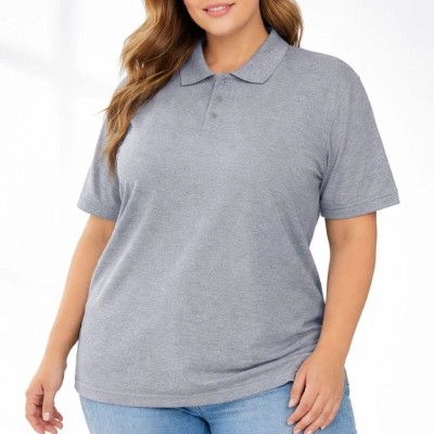 Kadın Battal Beden Tişört Polo Yaka Pike Kumaş Kısa Kol T-Shirt - Gri Kadın Battal Beden Tişört Polo Yaka Pike Kumaş Kısa Kol T-Shirt - Gri