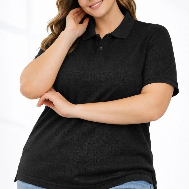 Kadın Battal Beden Tişört Polo Yaka Pike Kumaş Kısa Kol T-Shirt - Siyah Kadın Battal Beden Tişört Polo Yaka Pike Kumaş Kısa Kol T-Shirt - Siyah