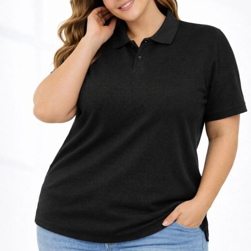 Kadın Battal Beden Tişört Polo Yaka Pike Kumaş Kısa Kol T-Shirt - Siyah Kadın Battal Beden Tişört Polo Yaka Pike Kumaş Kısa Kol T-Shirt - Siyah