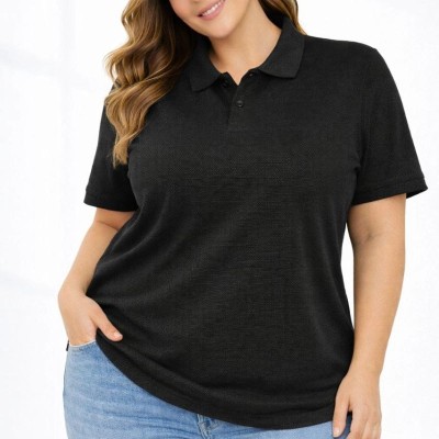 Kadın Battal Beden Tişört Polo Yaka Pike Kumaş Kısa Kol T-Shirt - Siyah Kadın Battal Beden Tişört Polo Yaka Pike Kumaş Kısa Kol T-Shirt - Siyah