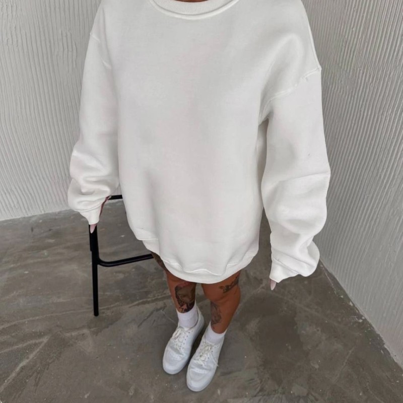 Kadın Bisiklet Yaka 3 İplik Pamuklu Basic SweatShirt - Beyaz Kadın Bisiklet Yaka 3 İplik Pamuklu Basic SweatShirt - Beyaz