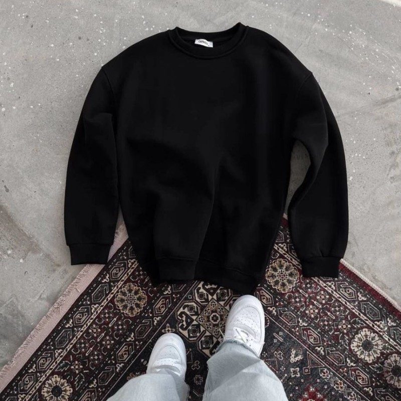 Kadın Bisiklet Yaka 3 İplik Pamuklu Basic SweatShirt - Siyah Kadın Bisiklet Yaka 3 İplik Pamuklu Basic SweatShirt - Siyah