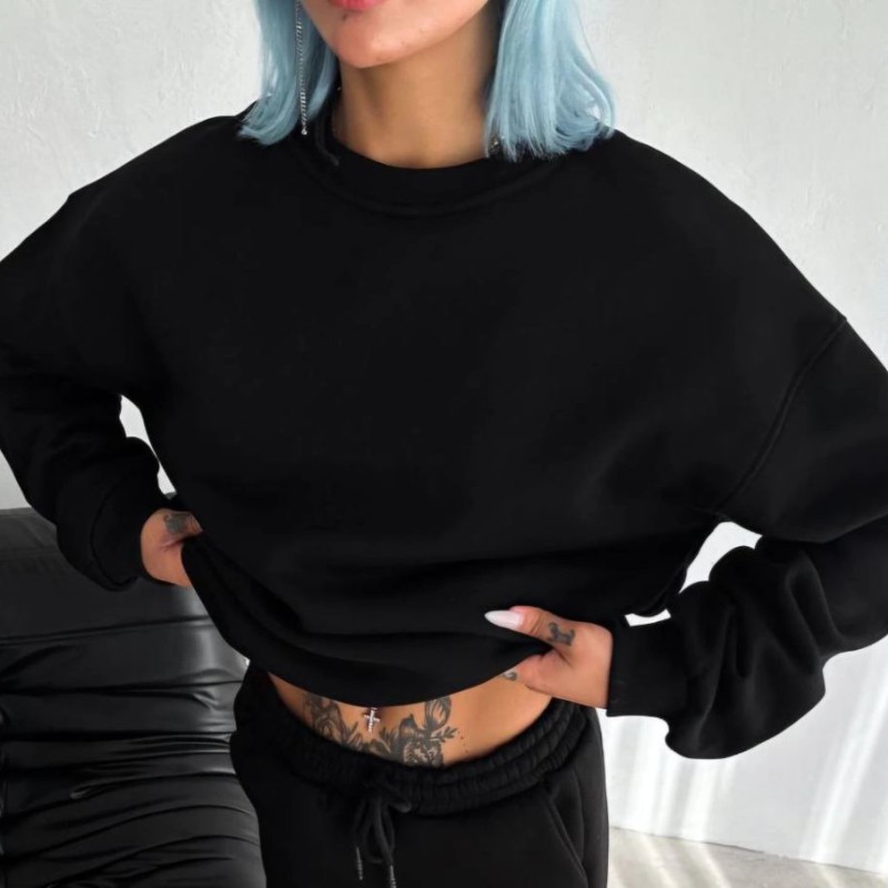 Kadın Bisiklet Yaka 3 İplik Pamuklu Basic SweatShirt - Siyah Kadın Bisiklet Yaka 3 İplik Pamuklu Basic SweatShirt - Siyah