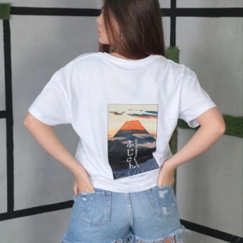 Kadın Bisiklet Yaka Baskılı Kısa kol Oversize T-Shirt- Beyaz Kadın Bisiklet Yaka Baskılı Kısa kol Oversize T-Shirt- Beyaz