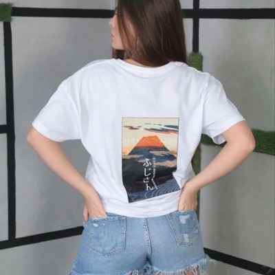 Kadın Bisiklet Yaka Baskılı Kısa kol Oversize T-Shirt- Beyaz Kadın Bisiklet Yaka Baskılı Kısa kol Oversize T-Shirt- Beyaz