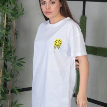 Kadın Bisiklet Yaka Baskılı Kısa kol Oversize T-Shirt - Beyaz Kadın Bisiklet Yaka Baskılı Kısa kol Oversize T-Shirt - Beyaz