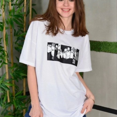 Kadın Bisiklet Yaka Baskılı Kısa kol Oversize T-Shirt - Beyaz Kadın Bisiklet Yaka Baskılı Kısa kol Oversize T-Shirt - Beyaz