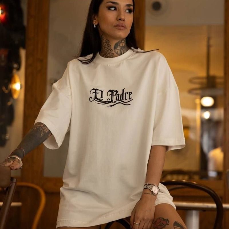 kadın Bisiklet Yaka Baskılı Kısa kol Oversize T-Shirt - Beyaz kadın Bisiklet Yaka Baskılı Kısa kol Oversize T-Shirt - Beyaz