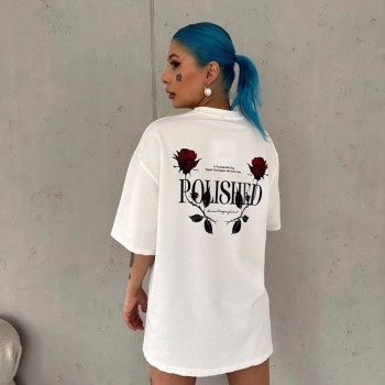 Kadın Bisiklet Yaka Baskılı Kısa kol Oversize T-Shirt - Beyaz Kadın Bisiklet Yaka Baskılı Kısa kol Oversize T-Shirt - Beyaz