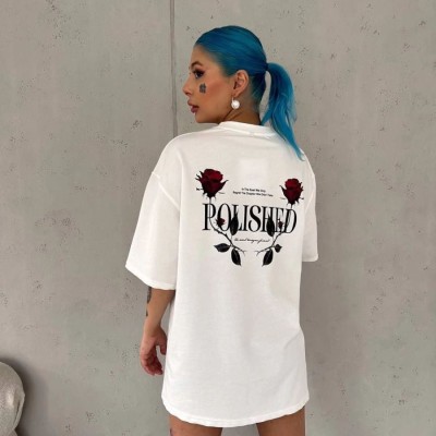 Kadın Bisiklet Yaka Baskılı Kısa kol Oversize T-Shirt - Beyaz Kadın Bisiklet Yaka Baskılı Kısa kol Oversize T-Shirt - Beyaz