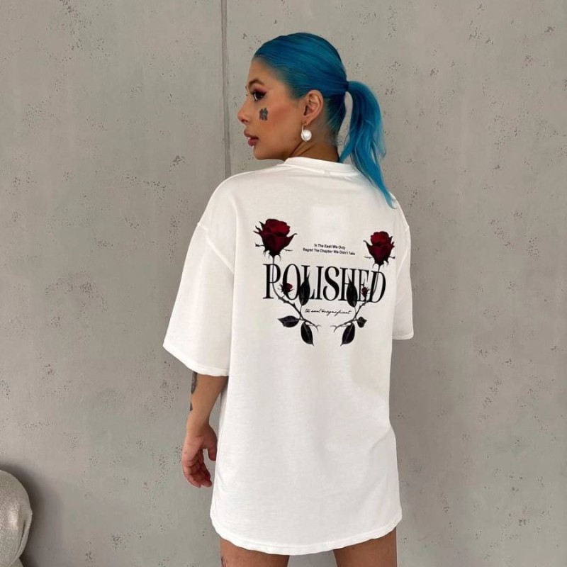 Kadın Bisiklet Yaka Baskılı Kısa kol Oversize T-Shirt - Beyaz Kadın Bisiklet Yaka Baskılı Kısa kol Oversize T-Shirt - Beyaz