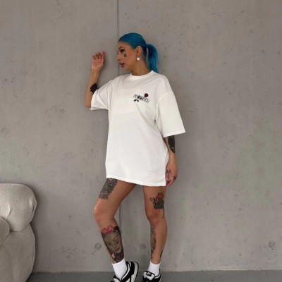 Kadın Bisiklet Yaka Baskılı Kısa kol Oversize T-Shirt - Beyaz Kadın Bisiklet Yaka Baskılı Kısa kol Oversize T-Shirt - Beyaz