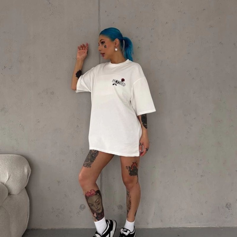 Kadın Bisiklet Yaka Baskılı Kısa kol Oversize T-Shirt - Beyaz Kadın Bisiklet Yaka Baskılı Kısa kol Oversize T-Shirt - Beyaz