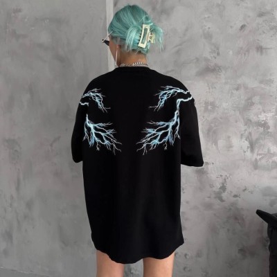 Kadın Bisiklet Yaka Baskılı Kısa kol Oversize T-Shirt - Siyah Kadın Bisiklet Yaka Baskılı Kısa kol Oversize T-Shirt - Siyah