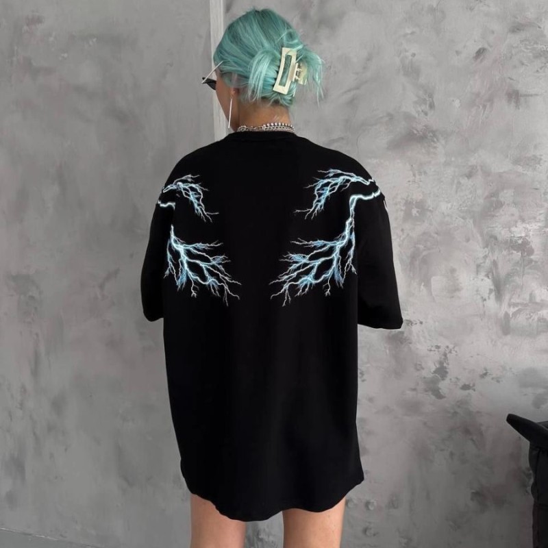 Kadın Bisiklet Yaka Baskılı Kısa kol Oversize T-Shirt - Siyah Kadın Bisiklet Yaka Baskılı Kısa kol Oversize T-Shirt - Siyah