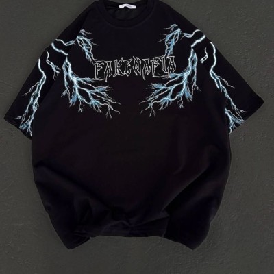 Kadın Bisiklet Yaka Baskılı Kısa kol Oversize T-Shirt - Siyah Kadın Bisiklet Yaka Baskılı Kısa kol Oversize T-Shirt - Siyah