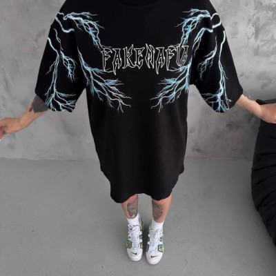 Kadın Bisiklet Yaka Baskılı Kısa kol Oversize T-Shirt - Siyah Kadın Bisiklet Yaka Baskılı Kısa kol Oversize T-Shirt - Siyah