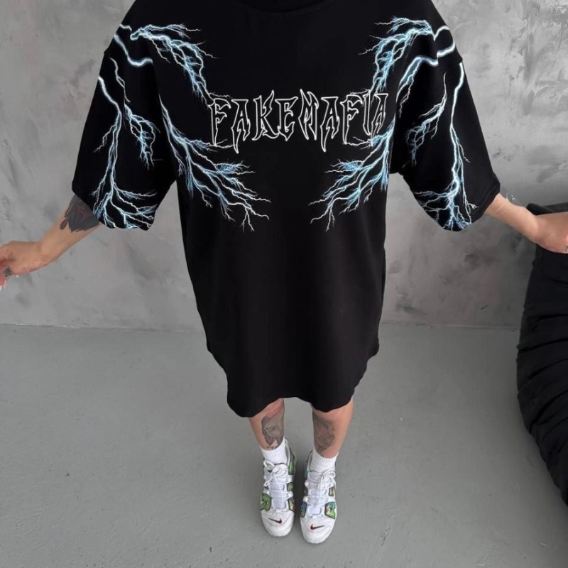 Kadın Bisiklet Yaka Baskılı Kısa kol Oversize T-Shirt - Siyah Kadın Bisiklet Yaka Baskılı Kısa kol Oversize T-Shirt - Siyah