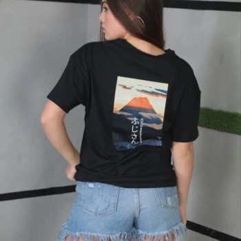 Kadın Bisiklet Yaka Baskılı Kısa kol Oversize T-Shirt - Siyah Kadın Bisiklet Yaka Baskılı Kısa kol Oversize T-Shirt - Siyah