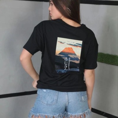 Kadın Bisiklet Yaka Baskılı Kısa kol Oversize T-Shirt - Siyah Kadın Bisiklet Yaka Baskılı Kısa kol Oversize T-Shirt - Siyah