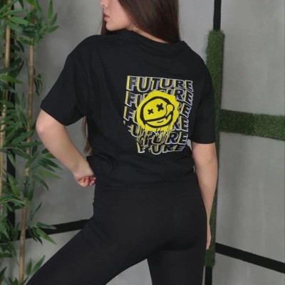 Kadın Bisiklet Yaka Baskılı Kısa kol Oversize T-Shirt - Siyah Kadın Bisiklet Yaka Baskılı Kısa kol Oversize T-Shirt - Siyah