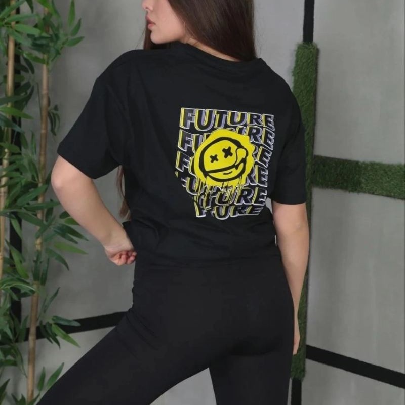 Kadın Bisiklet Yaka Baskılı Kısa kol Oversize T-Shirt - Siyah Kadın Bisiklet Yaka Baskılı Kısa kol Oversize T-Shirt - Siyah