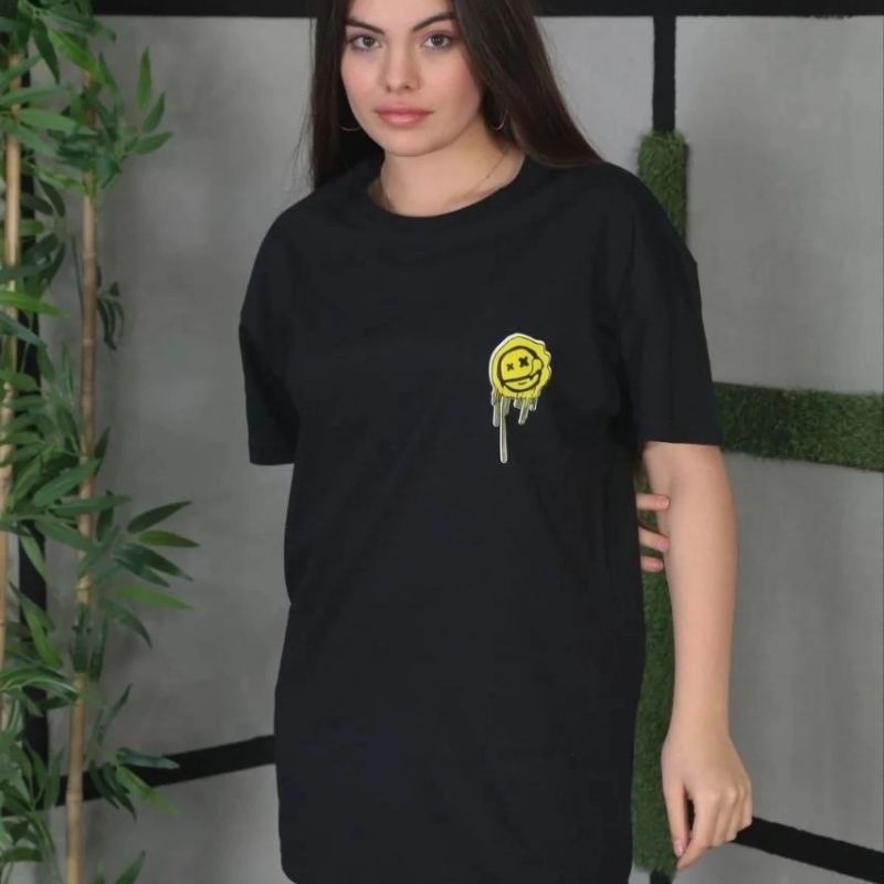 Kadın Bisiklet Yaka Baskılı Kısa kol Oversize T-Shirt - Siyah Kadın Bisiklet Yaka Baskılı Kısa kol Oversize T-Shirt - Siyah