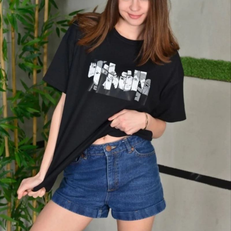 Kadın Bisiklet Yaka Baskılı Kısa kol Oversize T-Shirt - Siyah Kadın Bisiklet Yaka Baskılı Kısa kol Oversize T-Shirt - Siyah