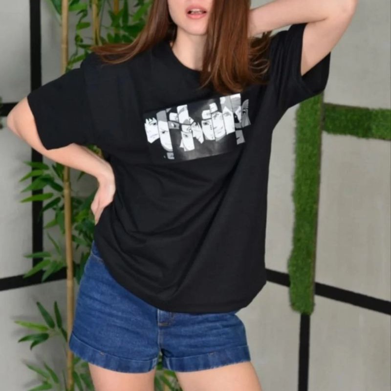 Kadın Bisiklet Yaka Baskılı Kısa kol Oversize T-Shirt - Siyah Kadın Bisiklet Yaka Baskılı Kısa kol Oversize T-Shirt - Siyah