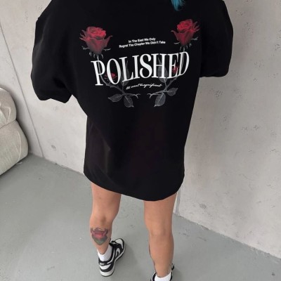 Kadın Bisiklet Yaka Baskılı kısa kol Oversize T-Shirt - Siyah Kadın Bisiklet Yaka Baskılı kısa kol Oversize T-Shirt - Siyah