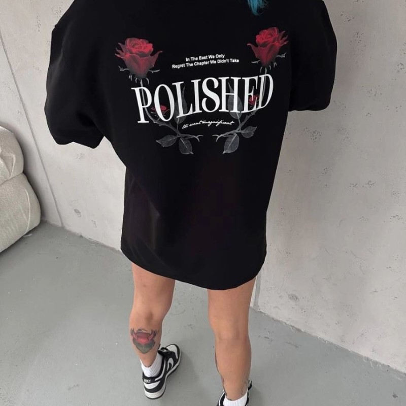 Kadın Bisiklet Yaka Baskılı kısa kol Oversize T-Shirt - Siyah Kadın Bisiklet Yaka Baskılı kısa kol Oversize T-Shirt - Siyah