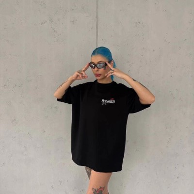 Kadın Bisiklet Yaka Baskılı kısa kol Oversize T-Shirt - Siyah Kadın Bisiklet Yaka Baskılı kısa kol Oversize T-Shirt - Siyah