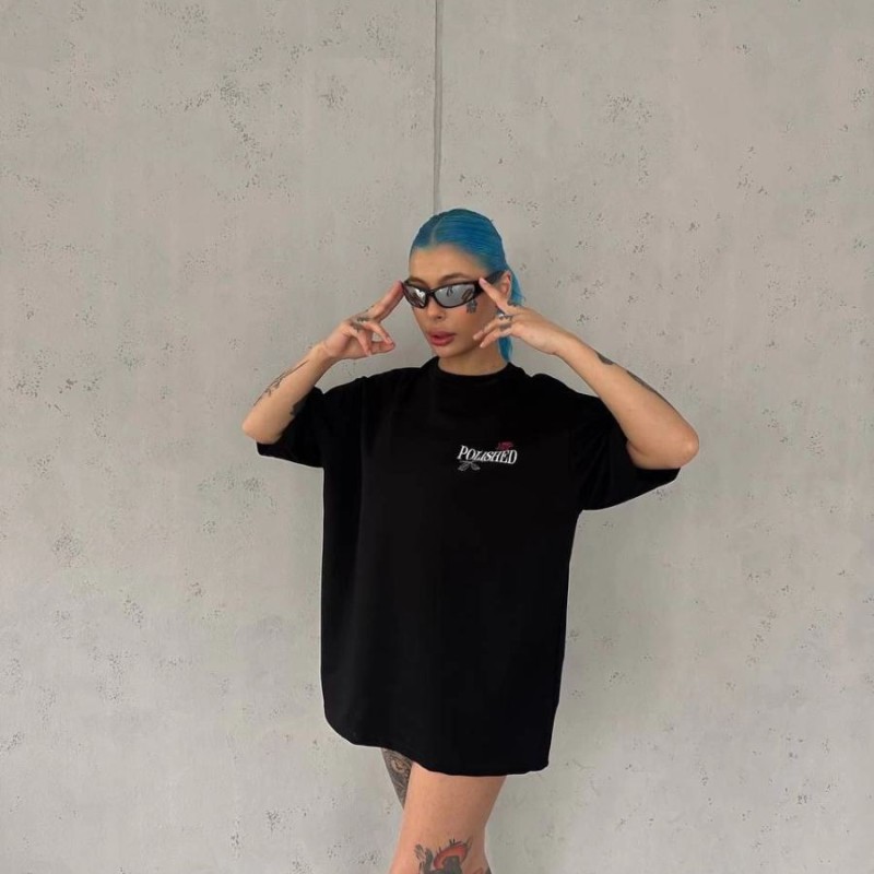 Kadın Bisiklet Yaka Baskılı kısa kol Oversize T-Shirt - Siyah Kadın Bisiklet Yaka Baskılı kısa kol Oversize T-Shirt - Siyah