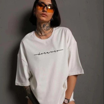 Kadın Bisiklet Yaka Baskılı Kısa kol T-Shirt - Beyaz Kadın Bisiklet Yaka Baskılı Kısa kol T-Shirt - Beyaz