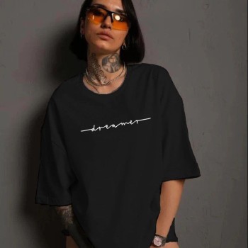 Kadın Bisiklet Yaka Baskılı kısa kol T-Shirt - Siyah Kadın Bisiklet Yaka Baskılı kısa kol T-Shirt - Siyah