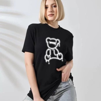 Kadın Bisiklet Yaka Baskılı Kısa kol T-Shirt - Siyah Kadın Bisiklet Yaka Baskılı Kısa kol T-Shirt - Siyah