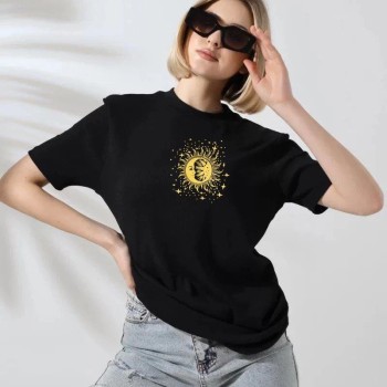 Kadın Bisiklet Yaka Baskılı Kısa kol T-Shirt - Siyah Kadın Bisiklet Yaka Baskılı Kısa kol T-Shirt - Siyah