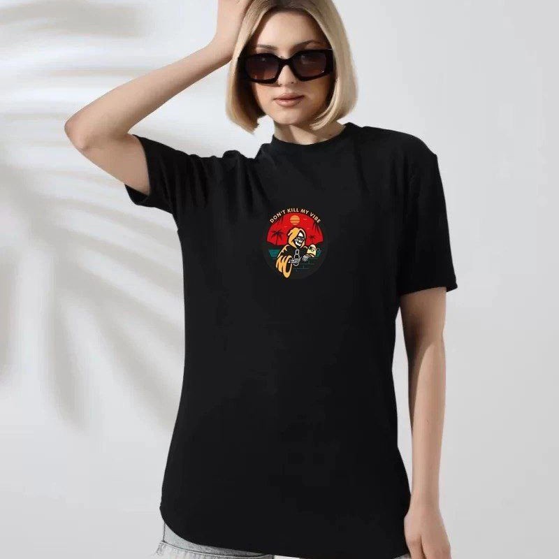 Kadın Bisiklet Yaka Baskılı kısa kol T-Shirt - Siyah Kadın Bisiklet Yaka Baskılı kısa kol T-Shirt - Siyah