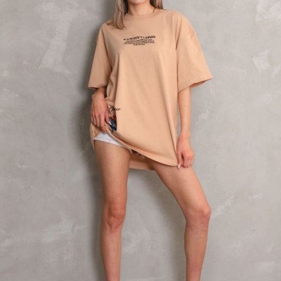 kadın Bisiklet Yaka Baskılı Oversize Kısa kol T-Shirt - Bej kadın Bisiklet Yaka Baskılı Oversize Kısa kol T-Shirt - Bej
