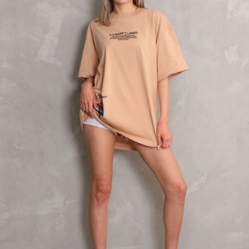 kadın Bisiklet Yaka Baskılı Oversize Kısa kol T-Shirt - Bej kadın Bisiklet Yaka Baskılı Oversize Kısa kol T-Shirt - Bej
