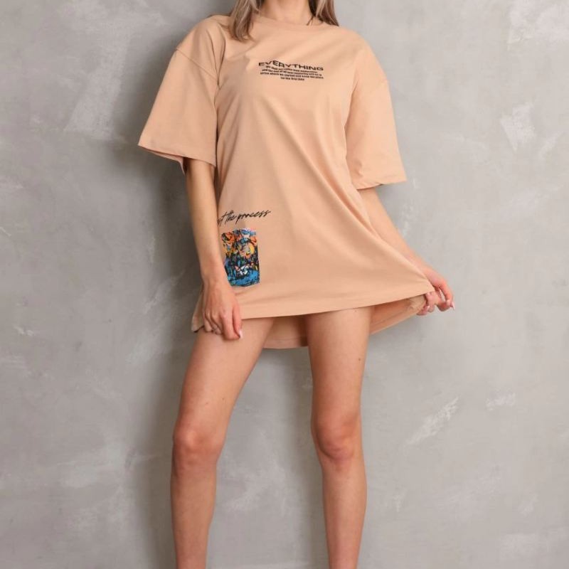 kadın Bisiklet Yaka Baskılı Oversize Kısa kol T-Shirt - Bej kadın Bisiklet Yaka Baskılı Oversize Kısa kol T-Shirt - Bej