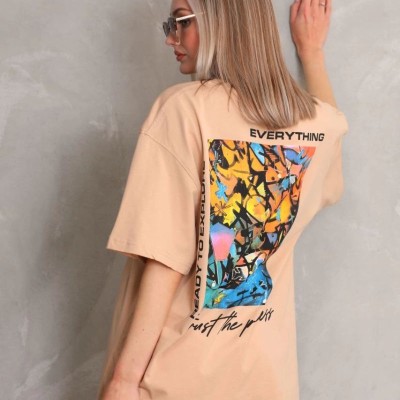 kadın Bisiklet Yaka Baskılı Oversize Kısa kol T-Shirt - Bej kadın Bisiklet Yaka Baskılı Oversize Kısa kol T-Shirt - Bej