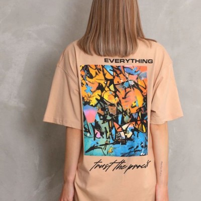 kadın Bisiklet Yaka Baskılı Oversize Kısa kol T-Shirt - Bej kadın Bisiklet Yaka Baskılı Oversize Kısa kol T-Shirt - Bej