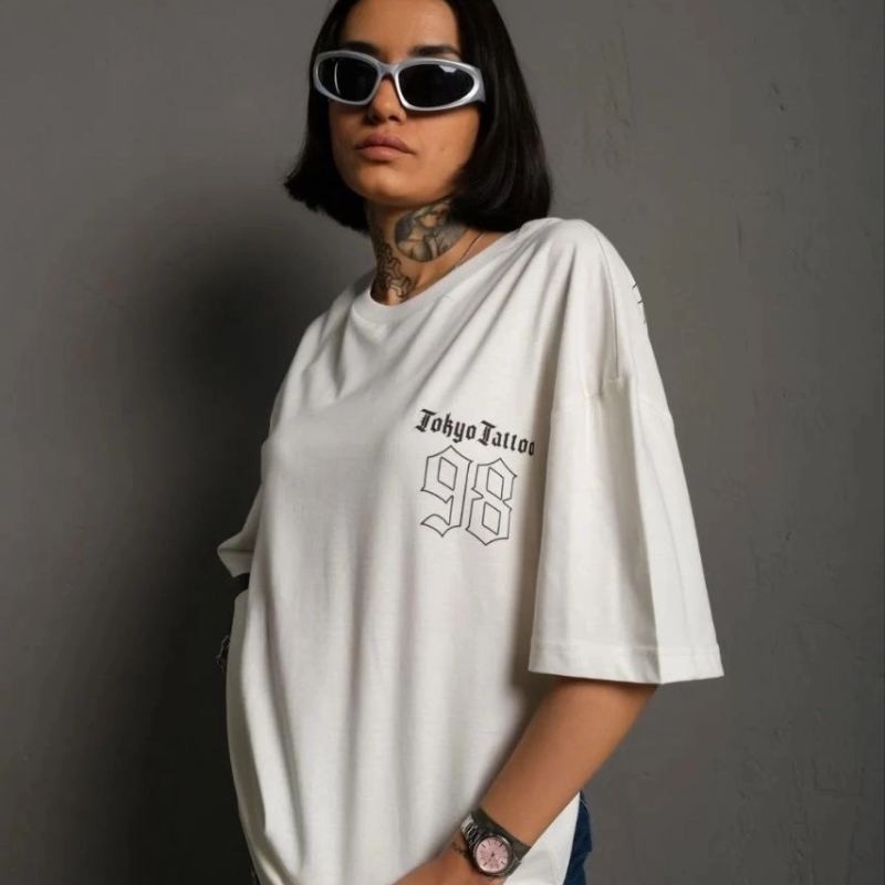 kadın Bisiklet Yaka Baskılı Oversize Kısa kol T-Shirt - Beyaz kadın Bisiklet Yaka Baskılı Oversize Kısa kol T-Shirt - Beyaz
