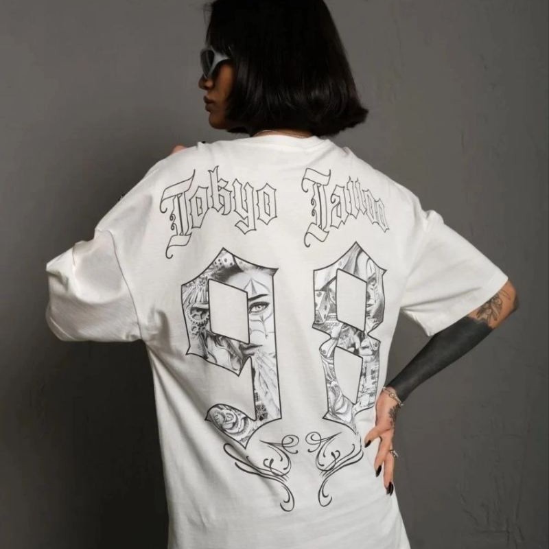 kadın Bisiklet Yaka Baskılı Oversize Kısa kol T-Shirt - Beyaz kadın Bisiklet Yaka Baskılı Oversize Kısa kol T-Shirt - Beyaz