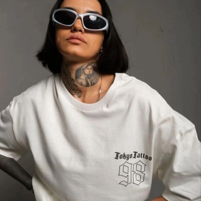 kadın Bisiklet Yaka Baskılı Oversize Kısa kol T-Shirt - Beyaz kadın Bisiklet Yaka Baskılı Oversize Kısa kol T-Shirt - Beyaz