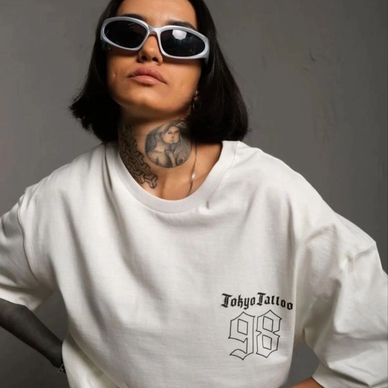 kadın Bisiklet Yaka Baskılı Oversize Kısa kol T-Shirt - Beyaz kadın Bisiklet Yaka Baskılı Oversize Kısa kol T-Shirt - Beyaz