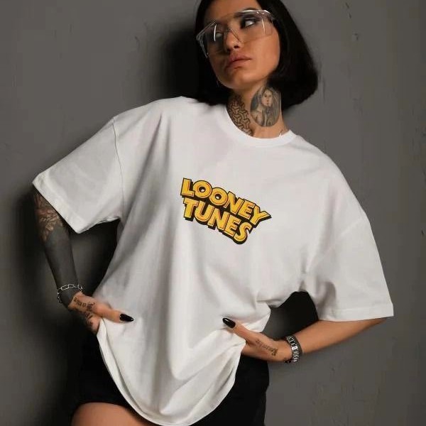 kadın Bisiklet Yaka Baskılı Oversize Kısa kol T-Shirt - Beyaz kadın Bisiklet Yaka Baskılı Oversize Kısa kol T-Shirt - Beyaz