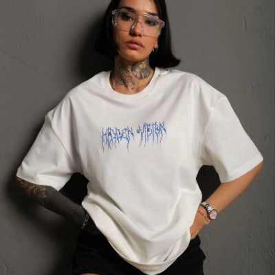 kadın Bisiklet Yaka Baskılı Oversize Kısa kol T-Shirt - Beyaz kadın Bisiklet Yaka Baskılı Oversize Kısa kol T-Shirt - Beyaz